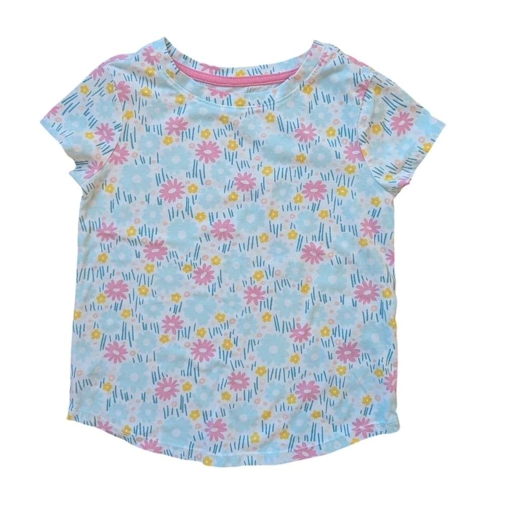 Cat & Jack Floral Girls T-Shirt Blue, Pink, Yellow Cotton Size XS (4/5T)
